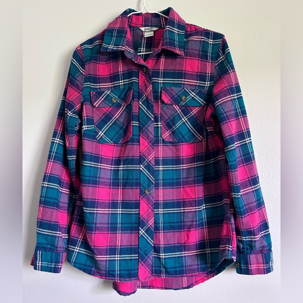 Duluth Pink and Blue Plaid Button-Up Shirt